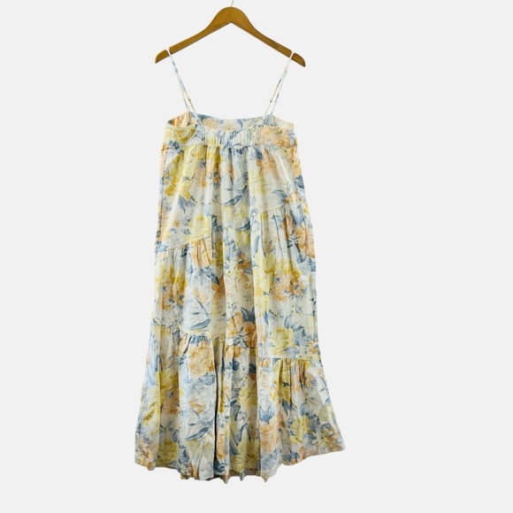 Abercrombie & Fitch Asymmetrical Tiered Maxi Dress Floral Linen Yellow Casual M - Picture 3 of 13